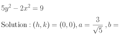 The solution to 5y^2-2x^2=9 is Hyperbola with (h,k)=(0,0),a= 3/(sqrt(5)),b= 3/(sqrt(2))